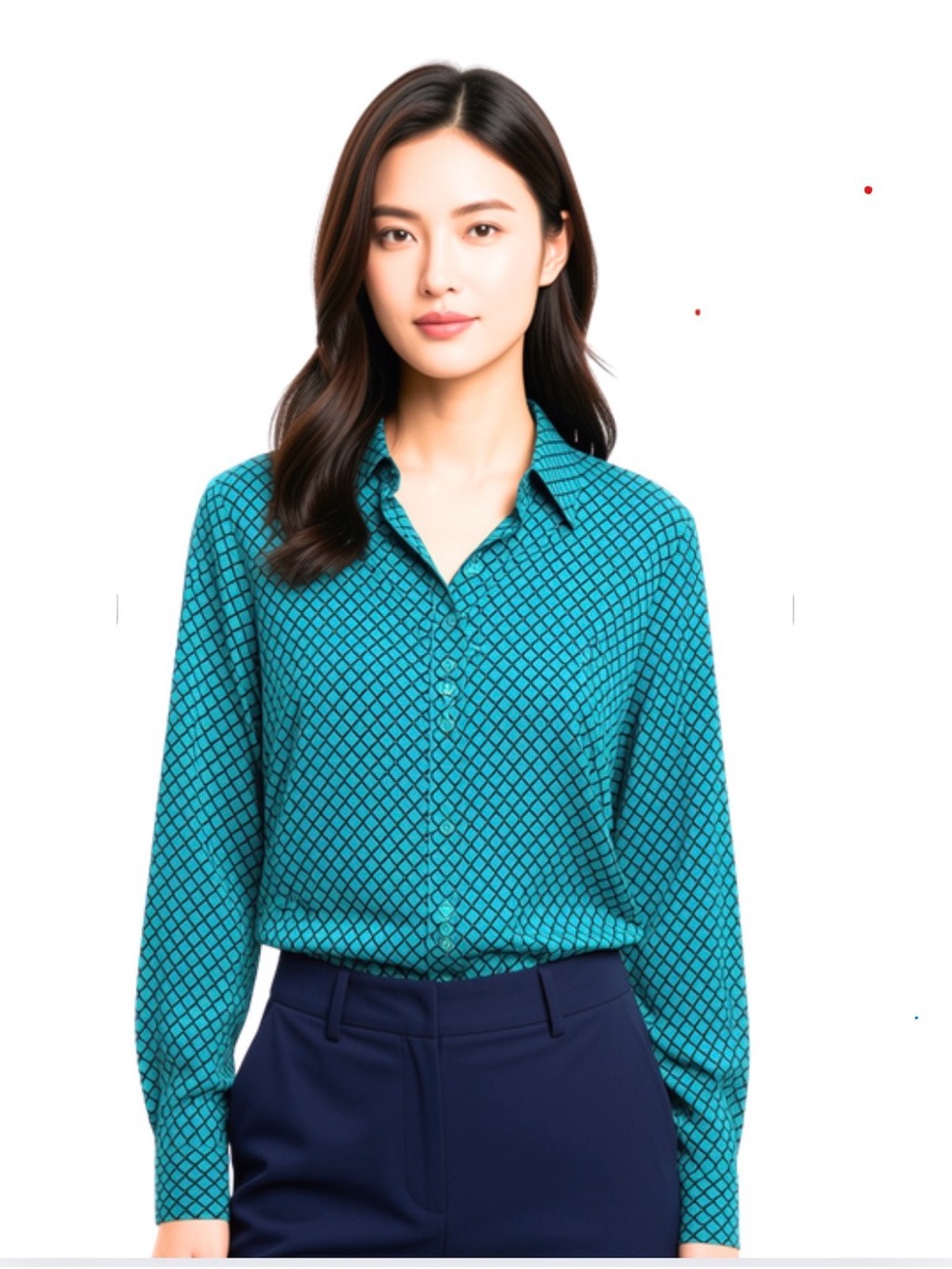 Ann Taylor Emerald Green & Navy Geo-Print Button-Front Silky Blouse